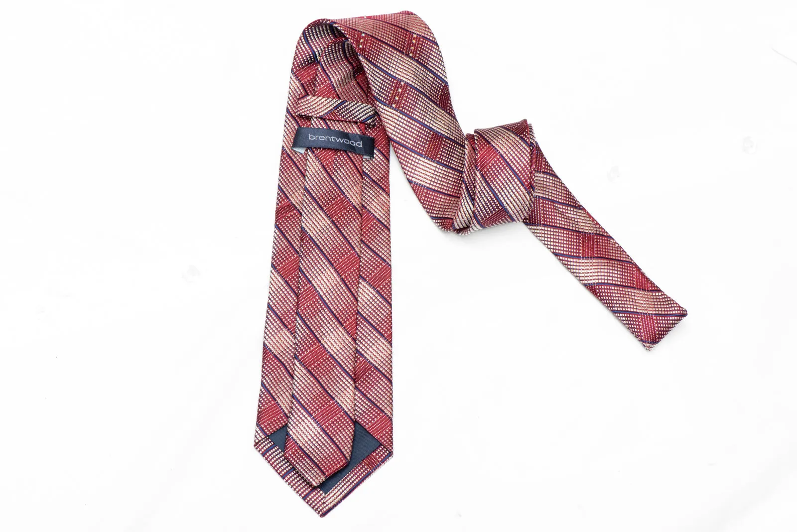 Silver Blue Striped On Burgundy Rhinestone Silk Necktie With Silver Sparkles