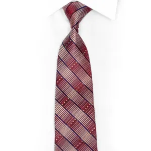 Silver Blue Striped On Burgundy Rhinestone Silk Necktie With Silver Sparkles