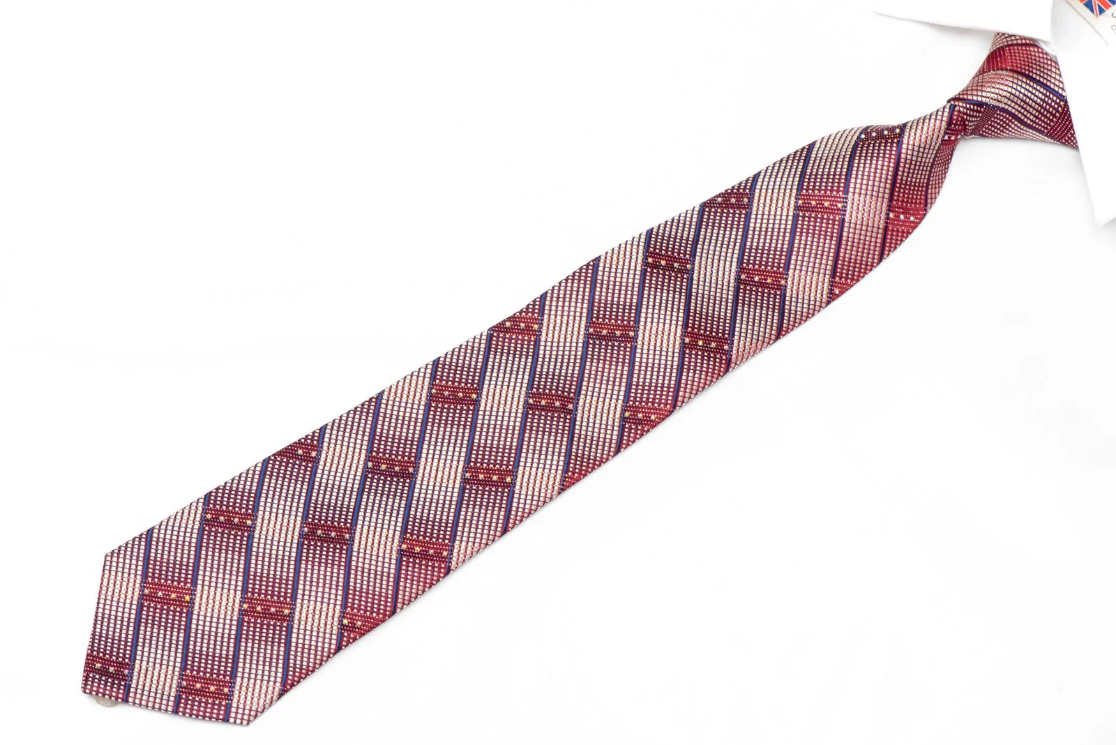 Silver Blue Striped On Burgundy Rhinestone Silk Necktie With Silver Sparkles