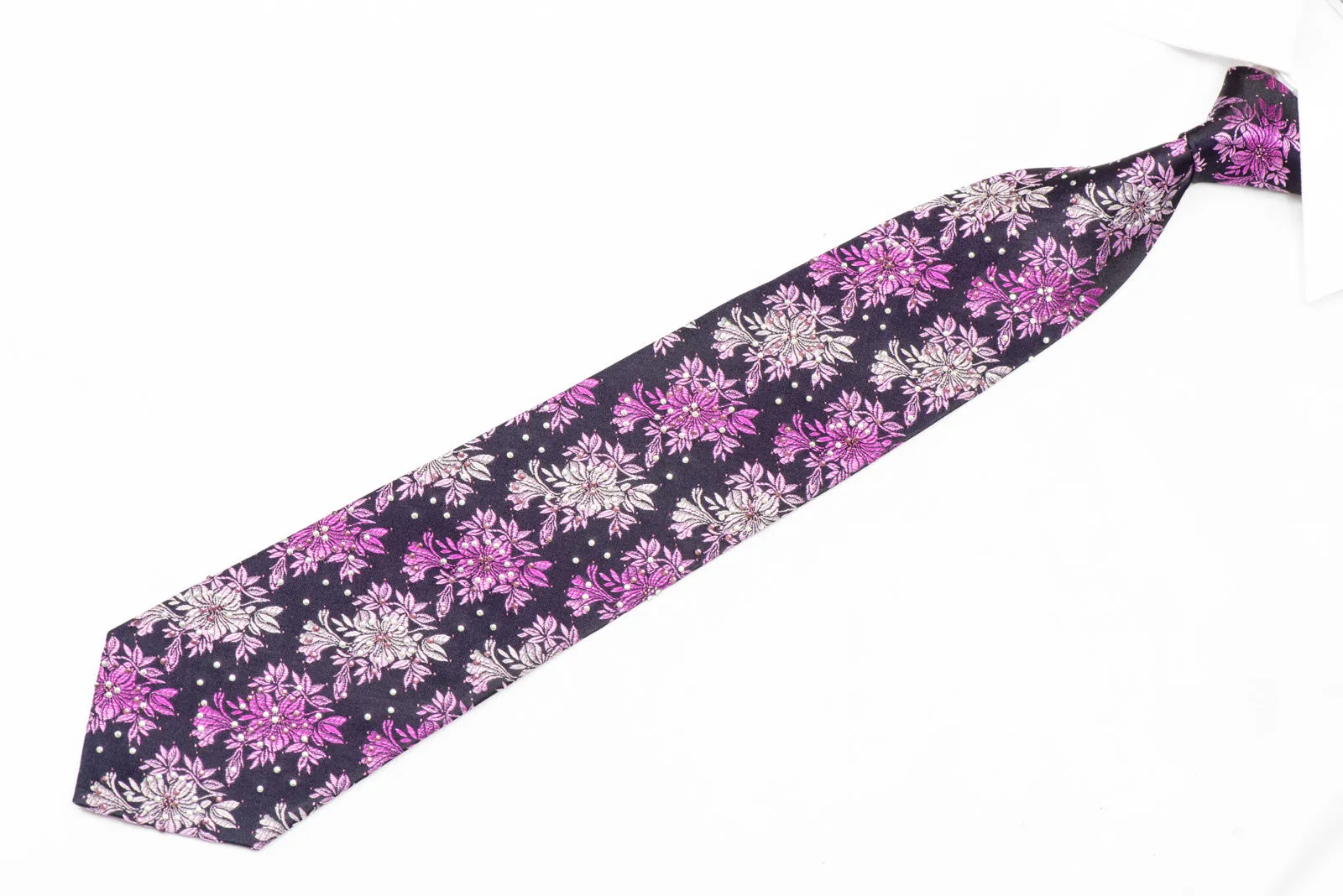 Silver Purple Floral On Navy Rhinestone Silk Necktie With Purple Sparkles