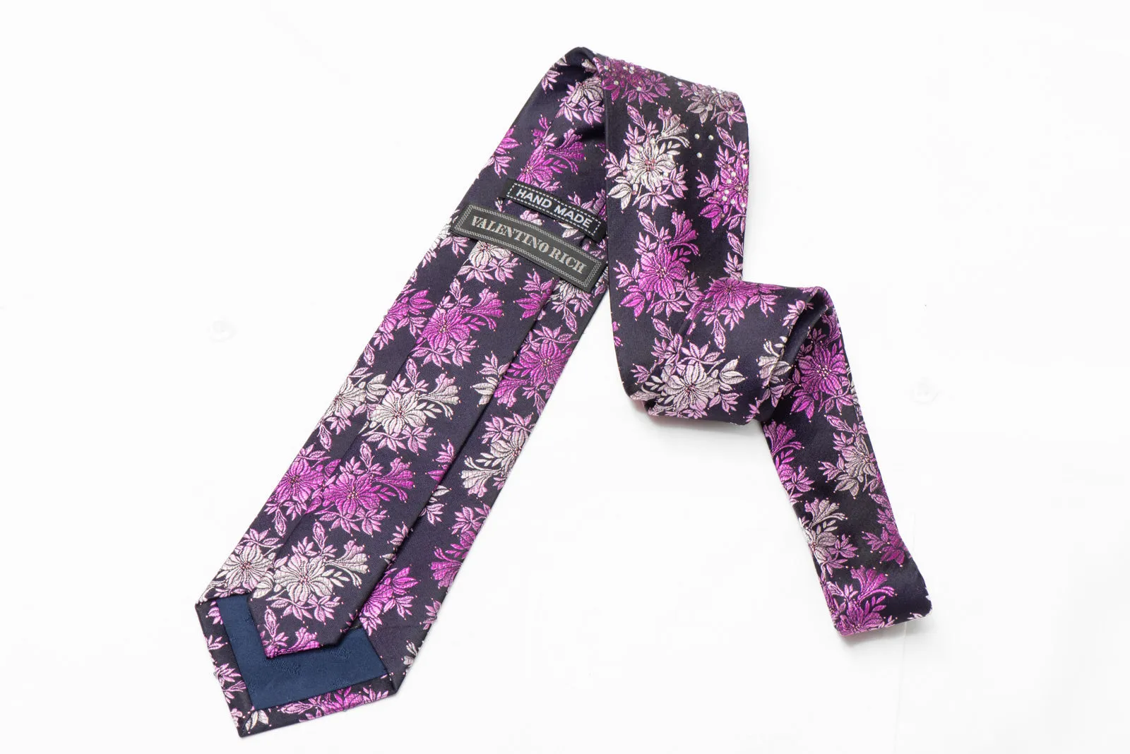 Silver Purple Floral On Navy Rhinestone Silk Necktie With Purple Sparkles