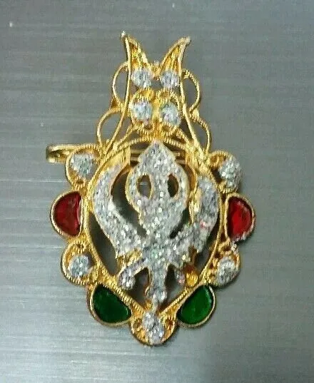 Stunning diamonte gold plated sikh khanda brooch cake pin x-mas singh gift