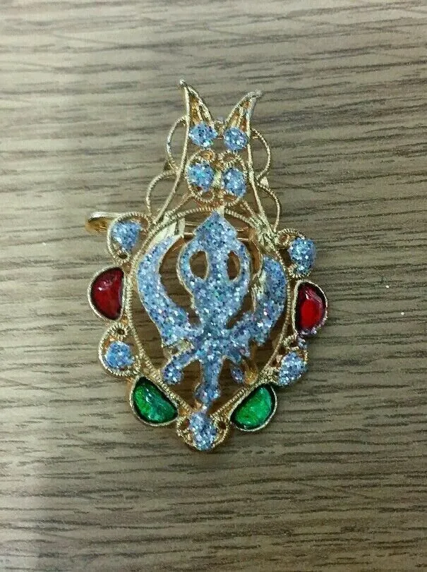 Stunning diamonte gold plated sikh khanda brooch cake pin x-mas singh gift