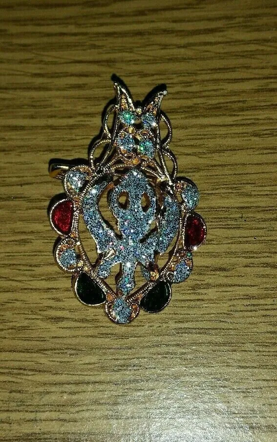 Stunning diamonte gold plated sikh khanda brooch cake pin x-mas singh gift