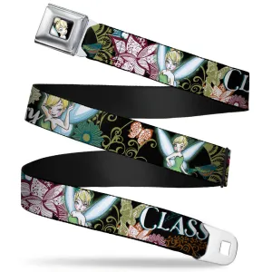 Tinker Bell Sketch Full Color Black Seatbelt Belt - Tinker Bell Floral Collage CLASSY AND SASSY Webbing