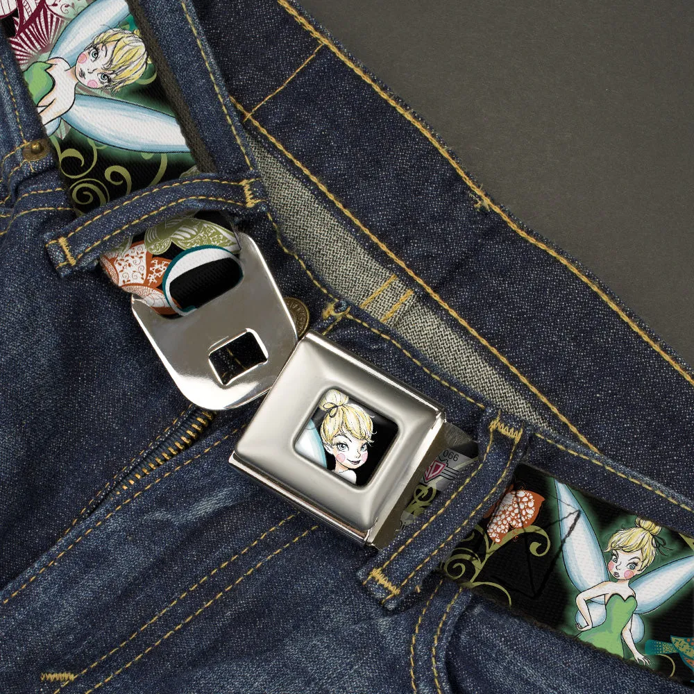Tinker Bell Sketch Full Color Black Seatbelt Belt - Tinker Bell Floral Collage CLASSY AND SASSY Webbing